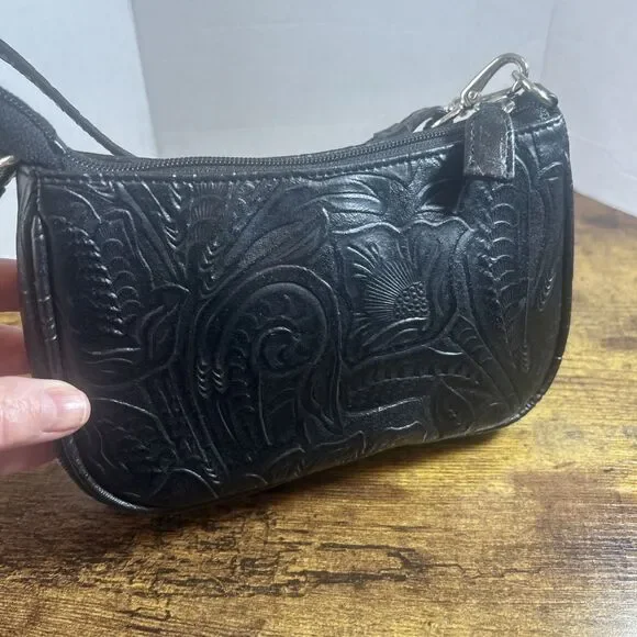 Charter Club Faux Leather Black Embossed Small Shoulder Bag 7.5x5in Chic - Picture 5 of 13